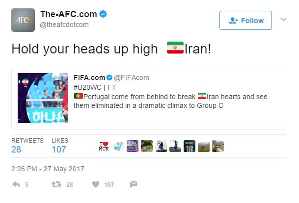 AFC to Iran’s Junior Footballers: “Hold Your Heads up High”