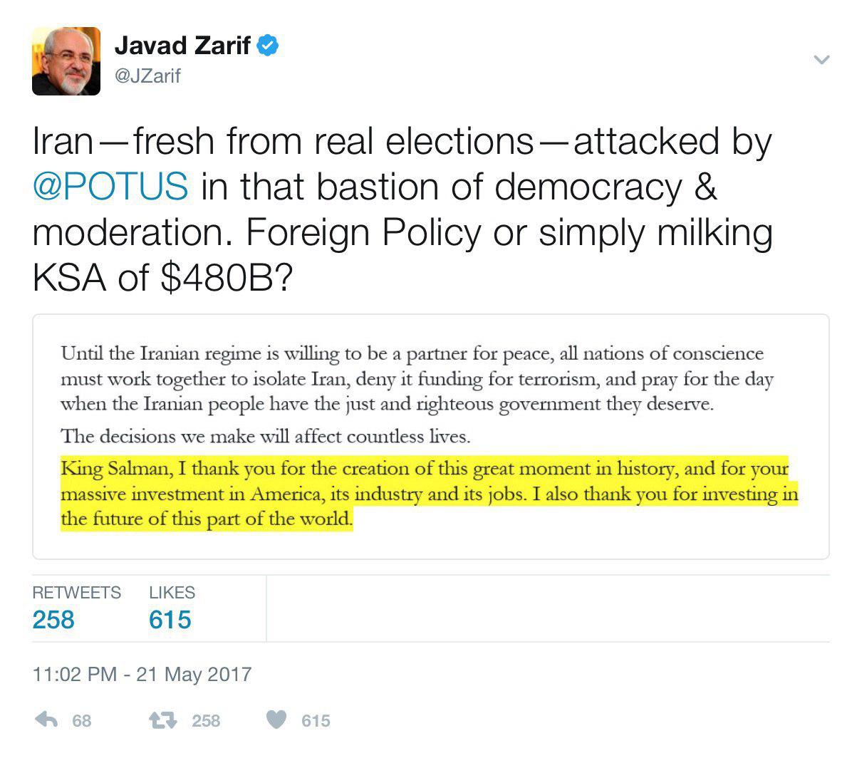 Trump’s Anti-Iran Remarks Aimed at Milking Saudis: Zarif