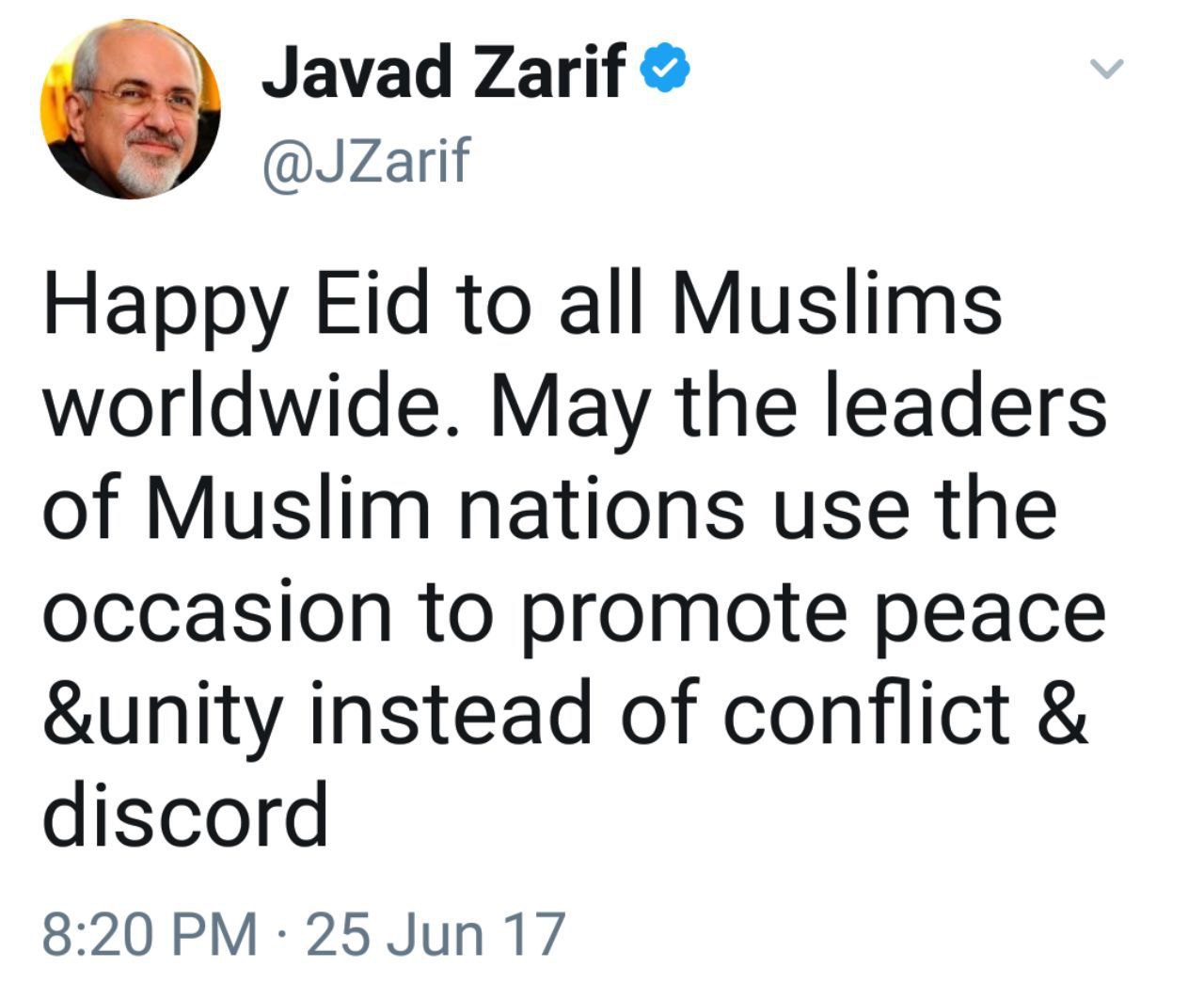 Iran FM Congratulates World Muslims on Eid al-Fitr