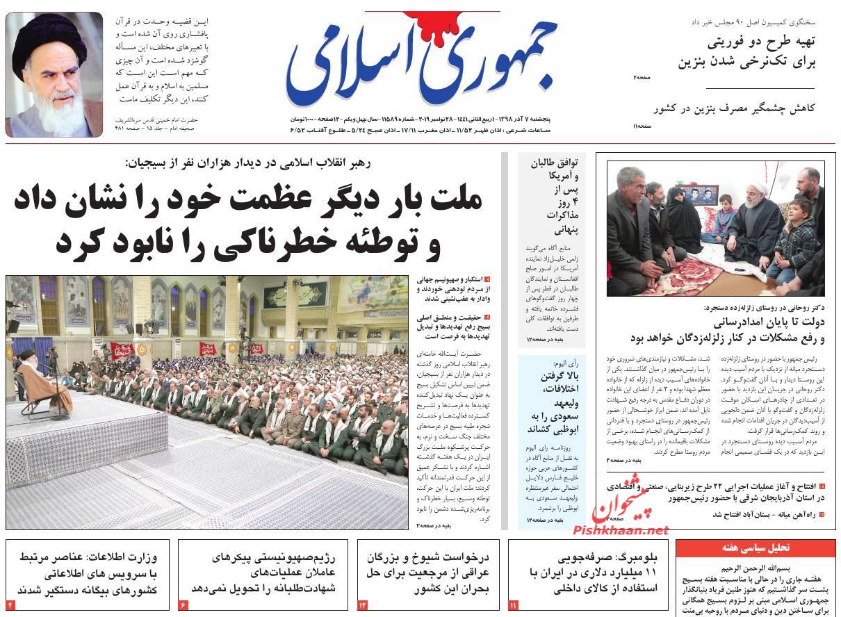 A Look at Iranian Newspaper Front Pages on November 28