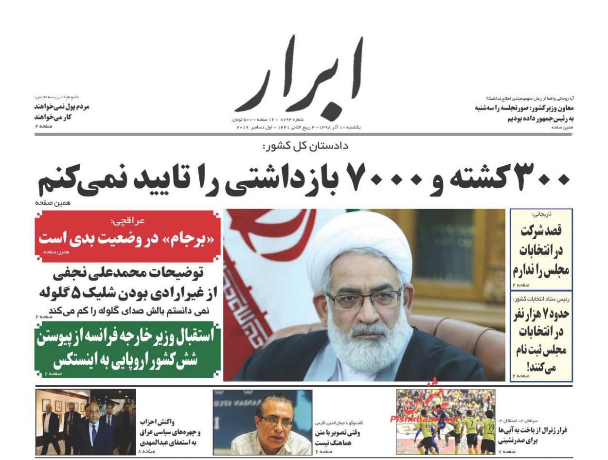 A Look at Iranian Newspaper Front Pages on December 1 9