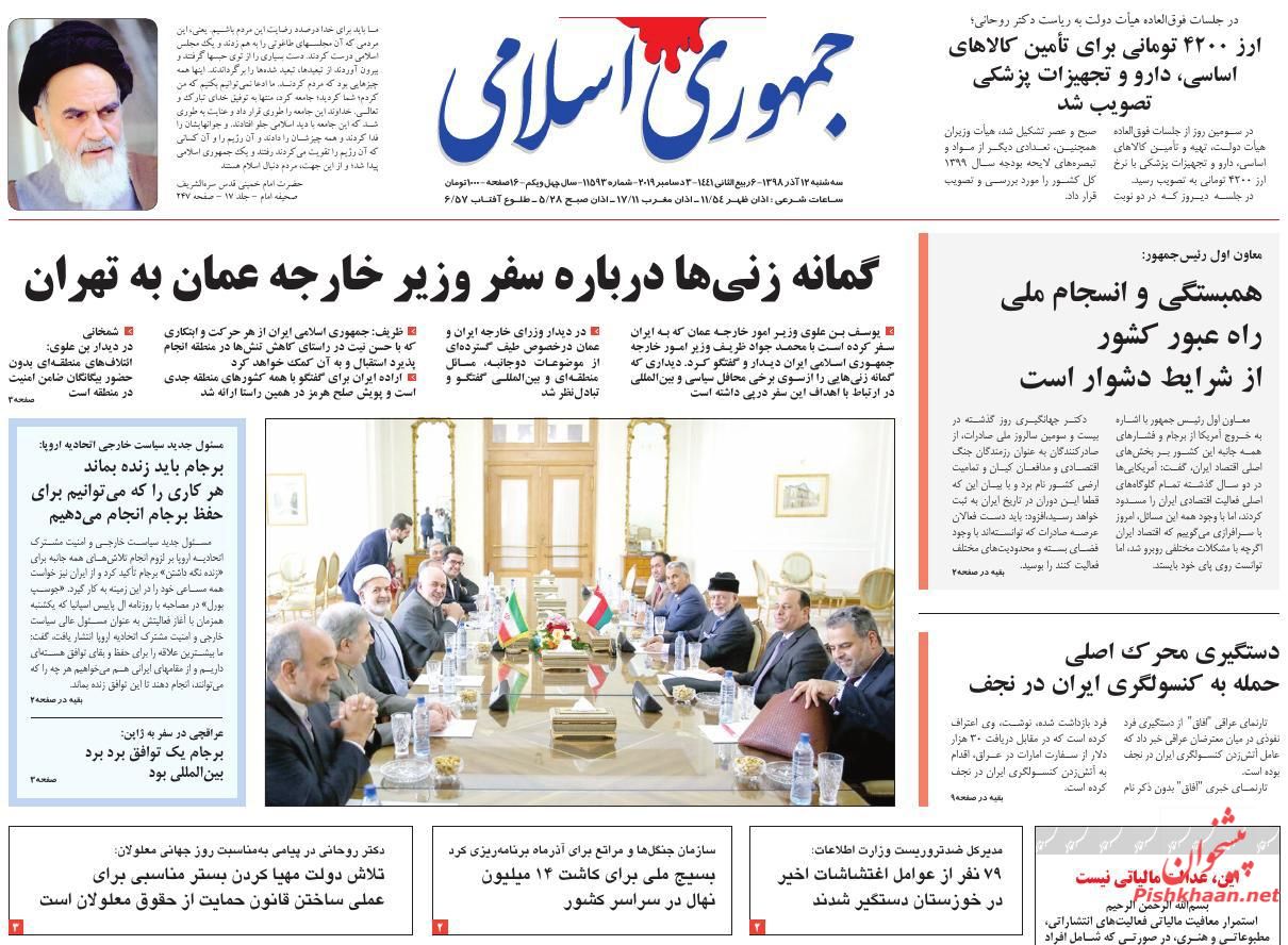 A Look at Iranian Newspaper Front Pages on December 3 7
