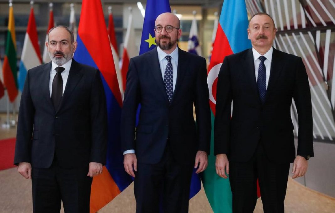 Armenian Prime Minister Nikol Pashinyan, President of the European Council Charles Michel and Azerbaijani President Ilham Aliyev