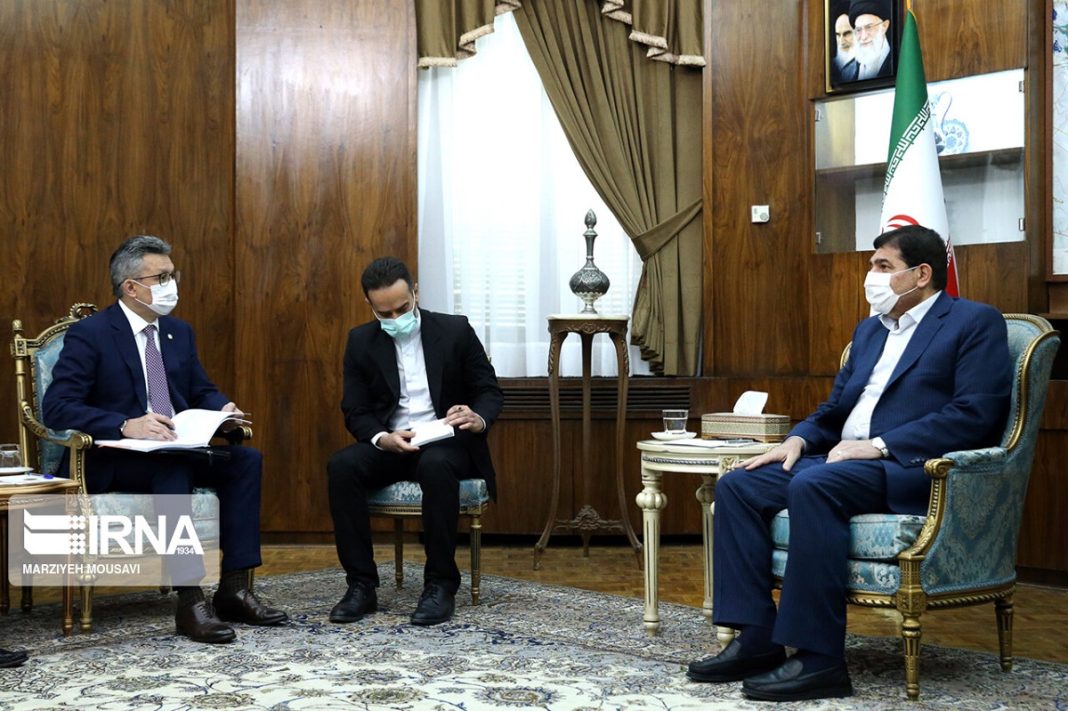 Kazakhstan’s Minister of Trade and Integration Bakhyt Sultanov & Iranian First Vice President Mohammad Mokhber