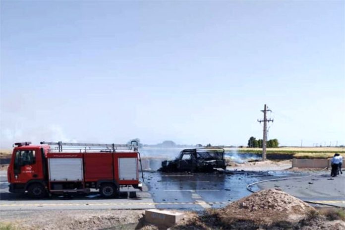 Iranian military vehicle catches fire