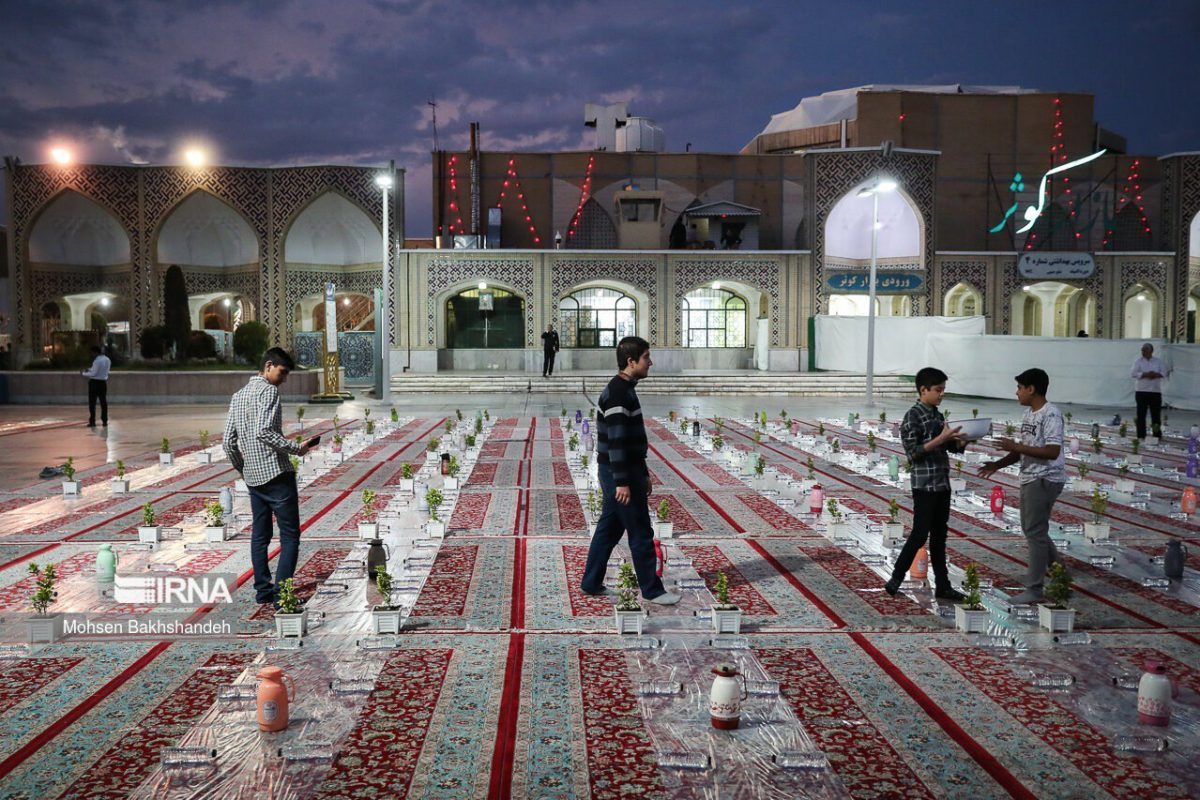 Simple iftar in the holy shrine of Imam Reza, during Ramadan in Iran’s Mashhad